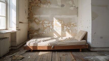 Dismantled bed frame and mattress leaning against the wall of an vacant bedroom
