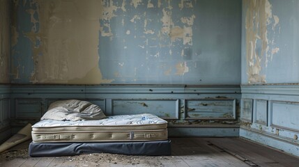 Dismantled bed frame and mattress leaning against the wall of an vacant bedroom