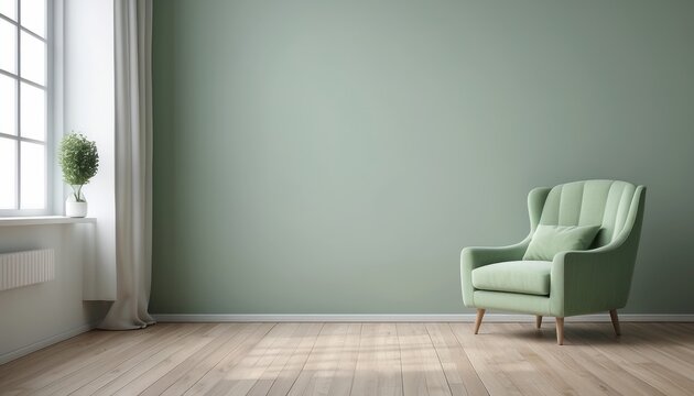 Interior home of living room with green armchair on green wall copy space, Plywood floor