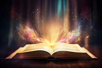 Open book with bright light and colorful smoke coming out of it on a dark background