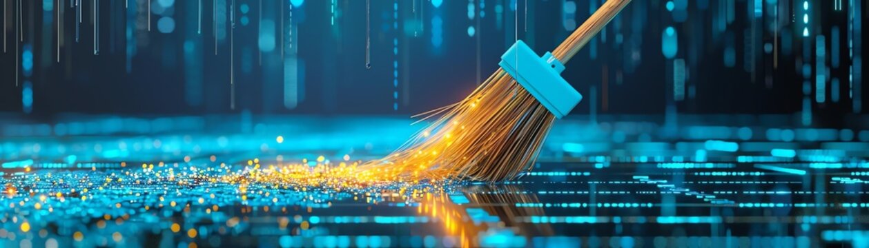 Data Cleaning Process A  minimal scene of a digital broom sweeping through data