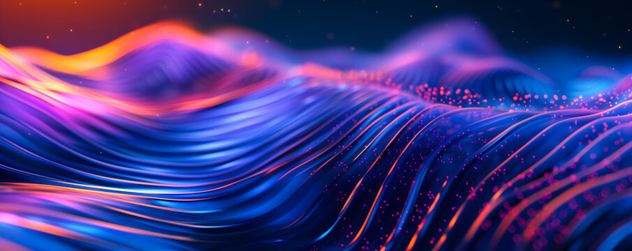 Digital background for technological operations, neural networks, AI, data transmission and encryption, digital archives, audio and visual representations, scientific research wave banner wallpaper. 