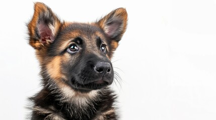 A German Shepherd puppy against a white backdrop