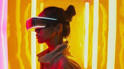 A Mexican man wearing futuristic robot headphones, glasses and an oversized trench coat stands against a backdrop of yellow, pink and orange fluorescent neon.