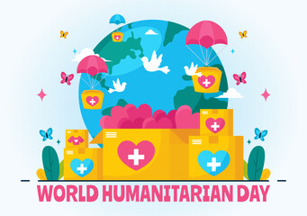 World Humanitarian Day Vector Illustration featuring a Global Celebration of Helping People, Charity, Donations, and Volunteering on a Flat Background
