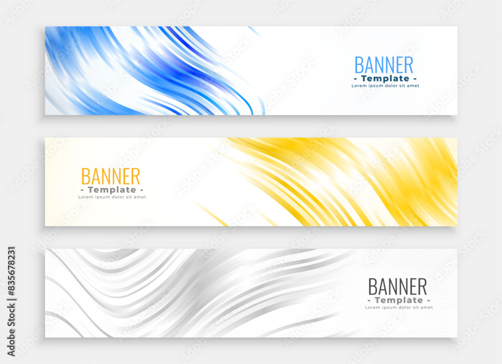 Wall mural set of three horizontal web header layout in blue yellow and white color