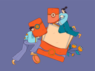 Use red envelopes to attract new customers and promote activity. Flat vector character concept illustration
