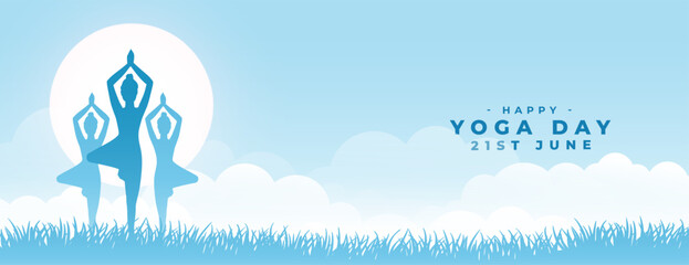 21st june yoga day morning banner woman doing posture in grass