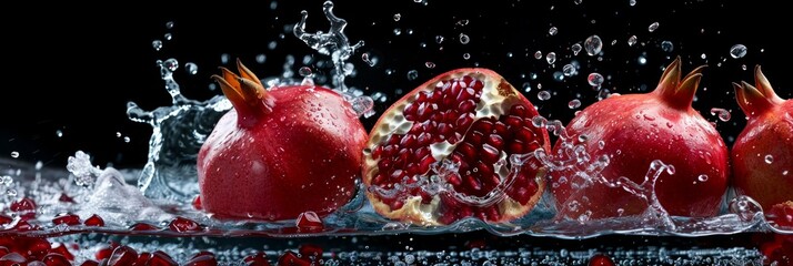 Fototapeta premium Pomegranate fruit and water splash. captured with highspeed photography as they break through the waters surface.
