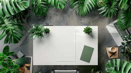 Top Down Aerial View of a White Empty Desk Surrounded by Green Plants. Minimalist Workspace Concept with Clean and Fresh Aesthetic for Productivity and Inspiration.