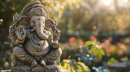 Obraz premium Ganesha deity stone statue with elaborate carvings, tilted angle, smooth finish, warm sunlight highlighting details, calming and spiritual feel