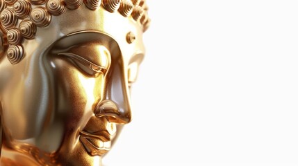 Obraz premium Golden Buddha statue, tilted angle, serene expression, isolated against a pure white background, beautifully textured 3D CG image