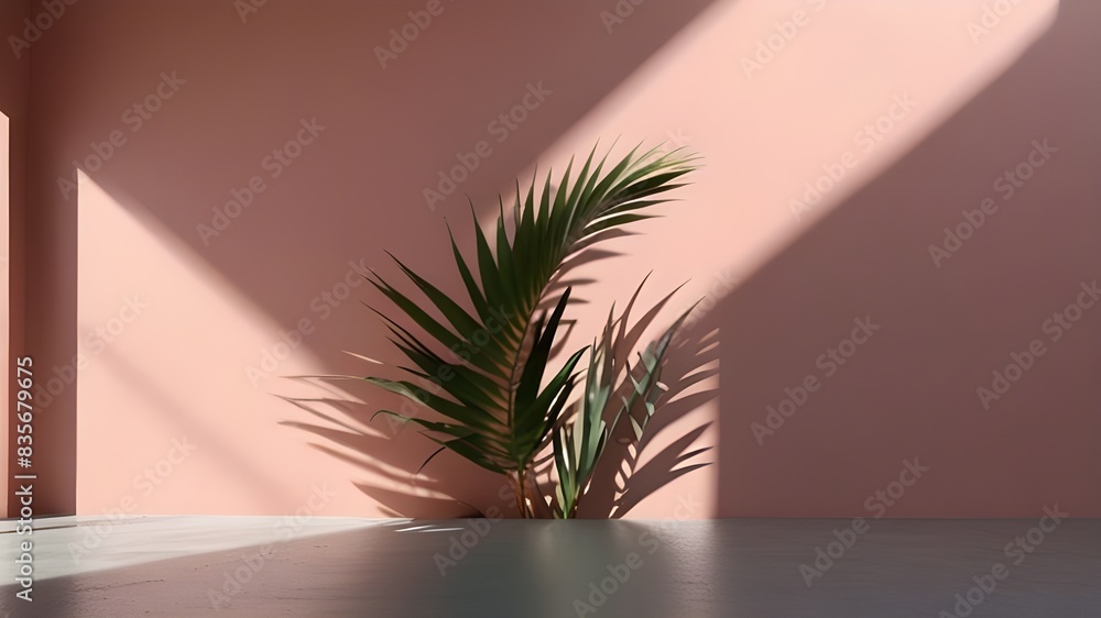 Poster blurred shadow from palm leaves on the light pink wall. minimal abstract background for product pres