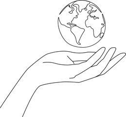Earth Globe in Hand Black Sketch Isolated on White Background. Ecology Symbol for Modern Design. Hand with World Globe One Line Illustration. Minimalist Ecology Drawing. Vector EPS 10.