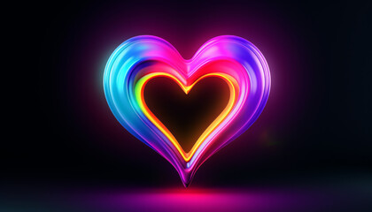 A heart made of neon colors is lit up in the dark