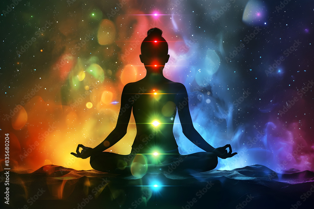 Wall mural a futuristic and colorful cosmic space background with transcendental chakras for meditation and rel