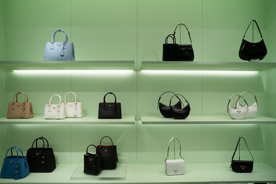 BANGKOK, THAILAND - DECEMBER 14, 2023: bags for sale inside Prada store in Suvarnabhumi International Airport.
