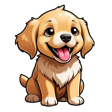 recommend clip art: Cute Childish Kawaii Golden Retriever Dog Character Sticker with Big Smile, Shiny Golden Fur and Sparkling Eyes, Thick Black Outline, Generative AI.