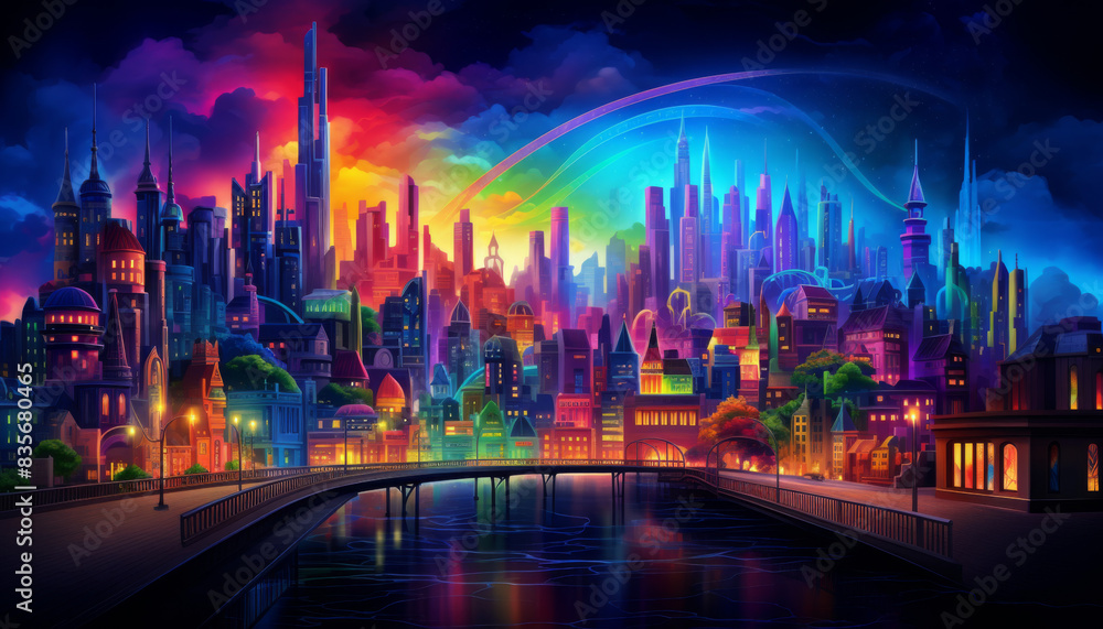 Poster a colorful cityscape with a rainbow bridge and a river running through it