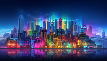 A cityscape with neon lights and a reflection of the city in the water