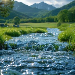 Fototapeta premium Close-up of sparkling water in spring, with grass and sunlight as. The sun shines on the dancing river full of clear tranquility that flows through the green meadows.