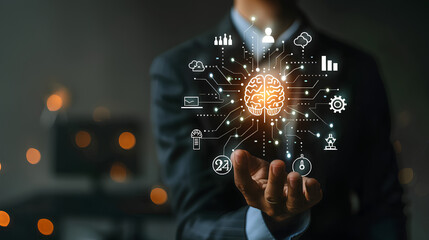 "Businessman presenting innovative business intelligence with illuminated brain and data symbols"