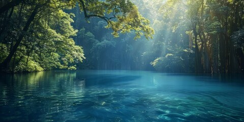 Serene body of water reflecting trees and blue sky. Peaceful landscape concept. - Powered by Adobe