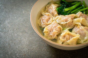 pork wonton soup or pork dumplings soup with vegetable