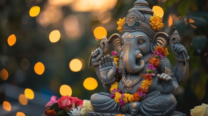 Fototapeta premium High-angle view, serene stone statue of Lord Ganesha adorned with vibrant flower garlands, soft twilight background with bokeh lights, ample copyspace, watercolor effect