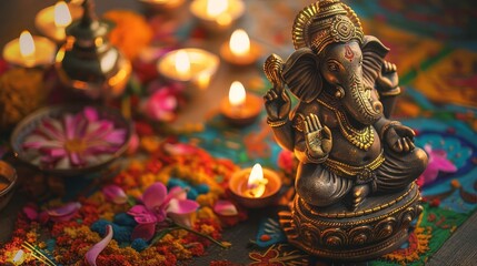 Obraz premium High-angle view, traditional clay statue of Lord Ganesha, surrounded by colorful rangoli patterns and oil lamps, warm ambient lighting, ample copyspace, oil painting texture
