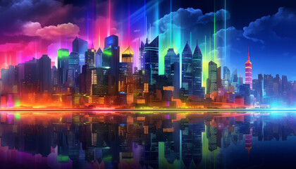 Obraz premium A city skyline with a rainbow reflecting on the water
