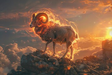 Majestic ram with glowing horns atop mountain peak during sunset. Surreal wildlife fantasy art, blending nature and mythology in stunning visual.