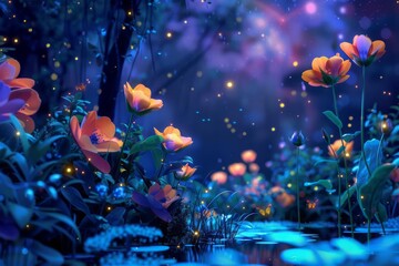 Magical night forest with glowing flowers and fireflies, creating an enchanting and dreamy atmosphere under a starry sky.