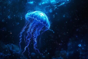 Majestic blue jellyfish illuminated underwater, gracefully floating in the deep ocean, surrounded by a serene, dark aquatic setting.