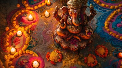 Fototapeta premium High-angle view, traditional clay statue of Lord Ganesha, surrounded by colorful rangoli patterns and oil lamps, warm ambient lighting, ample copyspace, oil painting texture