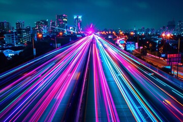 Long exposure shot of a city highway at night with vibrant neon light trails creating a dynamic and futuristic urban scene.