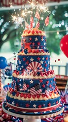 Festive, patriotic-themed tiered cake decorated with stars, stripes, and American flags, topped with sparklers, perfect for celebrations.