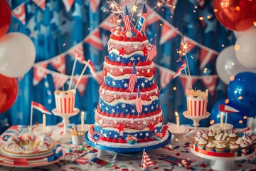 Festive table decorated with red, white, and blue theme, featuring a multi-tiered cake with sparklers, perfect for patriotic celebrations.