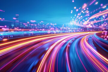 Dynamic abstract light trails on a highway at night, showcasing vibrant colors and motion blur, capturing the essence of fast-paced urban life.
