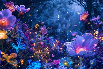 Enchanting nighttime scene with glowing flowers, moonlight, and fireflies in a magical, mystical forest, creating a surreal, dreamy atmosphere.