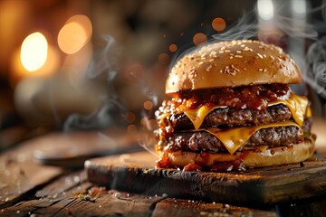 Delicious double cheeseburger with melted cheese, onions, and sauce on a sesame seed bun, placed on a rustic wooden board with blurred lights background. - Powered by Adobe