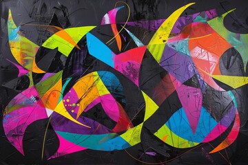 Colorful abstract art with vibrant geometric shapes on a dark background, blending modern and contemporary styles.