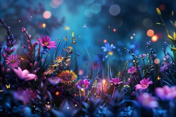 A magical, colorful night garden scene with vibrant flowers, soft bokeh lights, and a dreamy atmosphere, evoking a sense of wonder and tranquility.