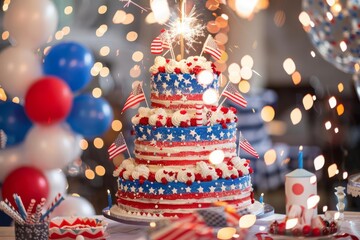 Celebratory patriotic-themed cake with fireworks, decorations, and vibrant colors for a festive occasion.