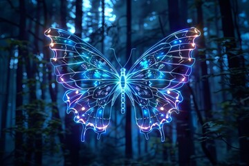 A glowing neon butterfly amidst an enchanting, dark forest scene. Perfect for themes of imagination, fantasy, and magic.