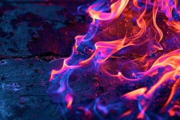 Vivid close-up of colorful flames dancing on a dark surface, highlighting shades of blue, purple, and orange in mesmerizing patterns.