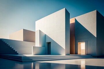 a minimalist architectural scene with clean lines, sharp angles, and a monochromatic color scheme, focusing on the interplay of light and shadow.
