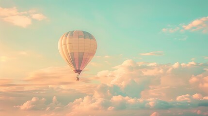 Fototapeta premium A whimsical hot air balloon floating gently through a pastel-colored sky, surrounded by delicate clouds and a serene landscape below, evoking a sense of adventure and tranquility