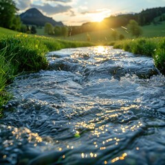 Naklejka premium Close-up of sparkling water in spring, with grass and sunlight as. The sun shines on the dancing river full of clear tranquility that flows through the green meadows.