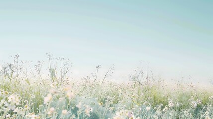 Fototapeta premium A serene meadow filled with soft pastel wildflowers, gently swaying in the breeze under a clear, calm sky, creating a peaceful and idyllic scene reminiscent of a tranquil countryside